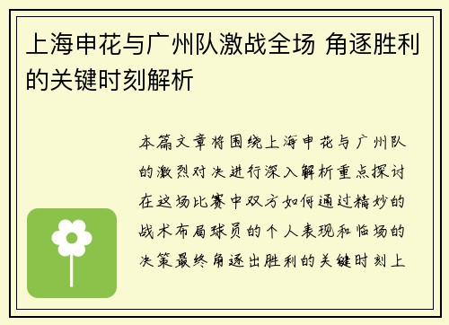 上海申花与广州队激战全场 角逐胜利的关键时刻解析